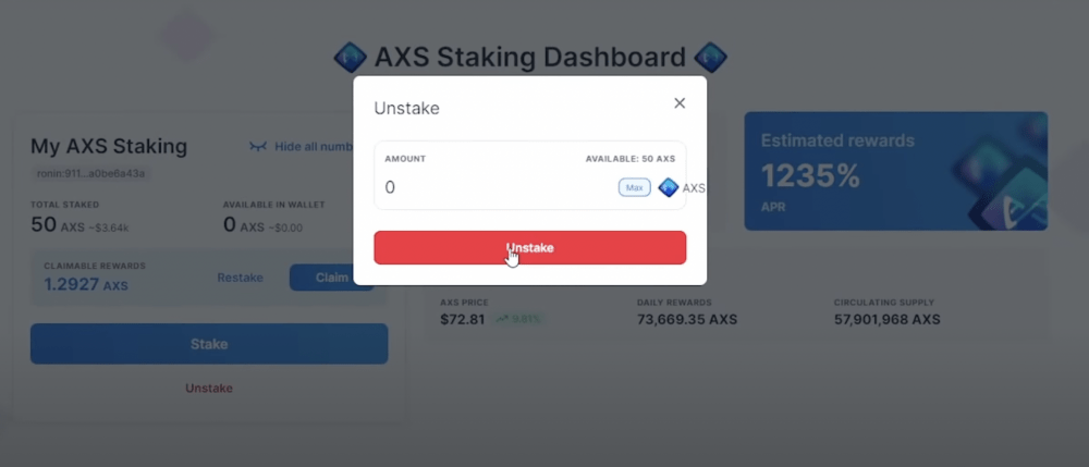 AXS unstaking, Axie Infinity dashboard 